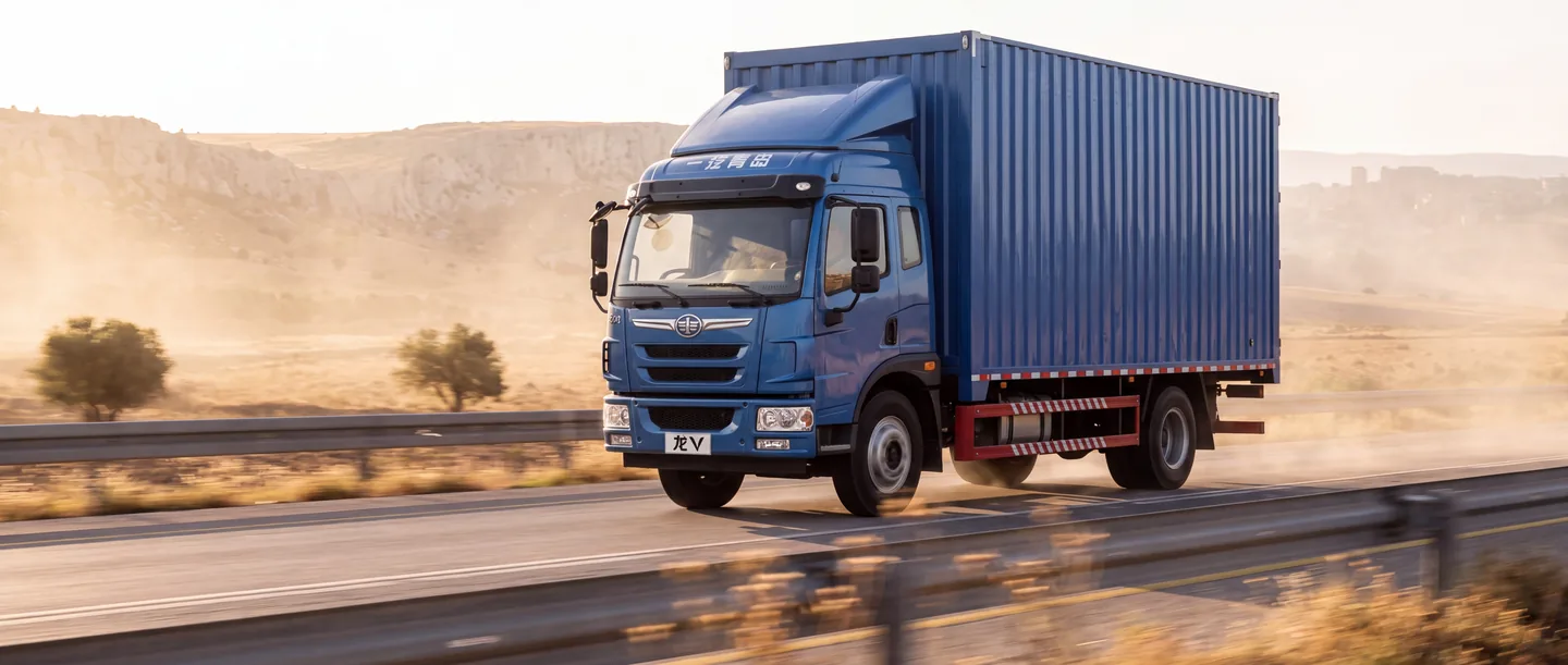 A FAW Dragon V box truck on a highway
